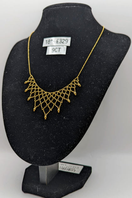 375 9K YELLOW GOLD HALL, BEAD CHAIN. WITH WEB DESIGN, 18