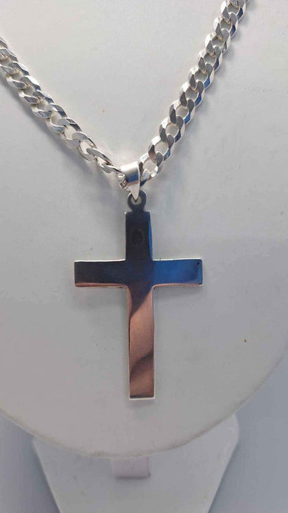 925 Sterling Silver Curb Chain Necklace With Cross Pendant - 32.11 Grams - 24