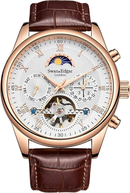 SWAN AND EDGAR Complexity - Automatic Watch for Mens | Moon Face & Open Heart Skeleton Dial | Stainless Steel Case