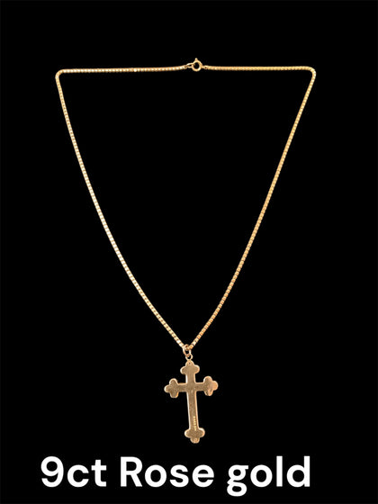 9ct Rose gold vintage cross and chain 16
