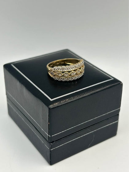 9ct Yellow Gold Diamond Set Filigree Dress Ring, Fully Hallmarked, Boxed, 3.3G, Size - N