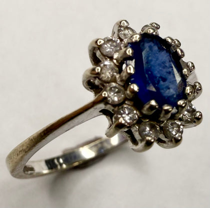 9ct White Gold Diamond Ring with Blue Centre Stone