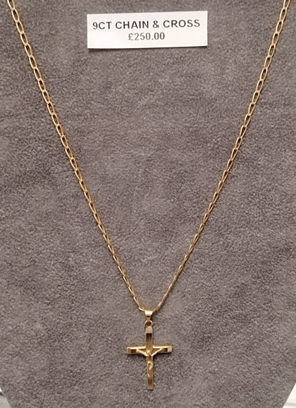 9ct Solid Gold Cross Pendant & 24 Inch Open Curb Chain