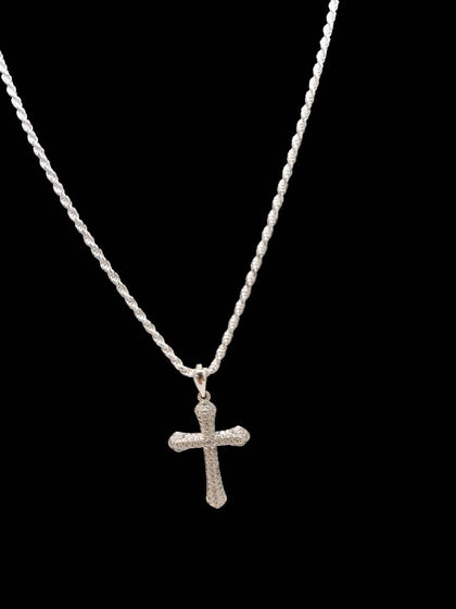 925 Sterling Silver Rope Chain Necklace With Diamontè Cross Pendant - 9.90 Grams - 24