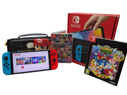 NINTENDO OLED SWITCH CONSOLE BOXED WITH OFFICIAL POWER SUPPLY/TV DOCK INC MARIO KART & SONIC ORIGINS PRESTON STORE