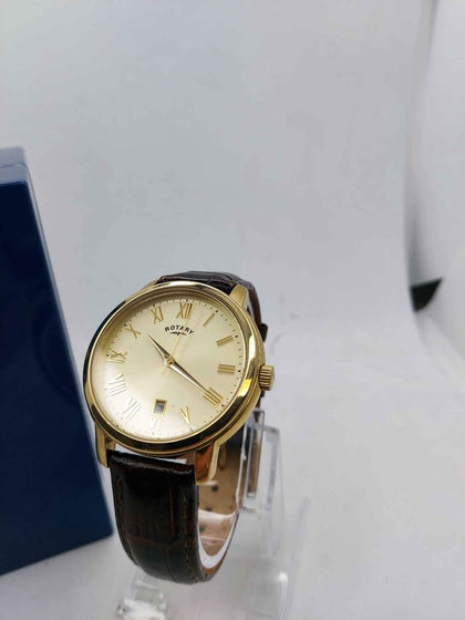 Vintage Rotary Gold Plated Mens Quartz Watch - With Date - Leather Strap - Boxed.