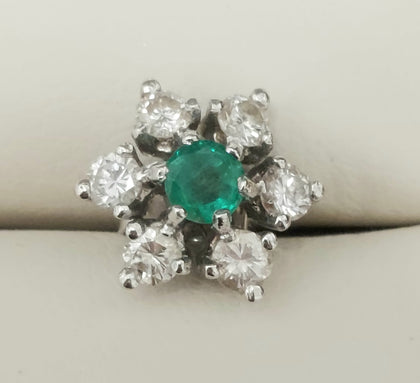18ct White Gold Diamond & Emerald Vintage Flower Cluster Earrings