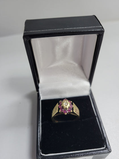 9K Gold Flower Ring & Diamond Ring, Hallmarked (3.20g) Size: N.