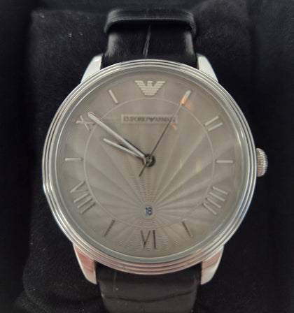 Emporio Armani AR1612 Classic Silver Dial Black Leather Strap Men's Watch