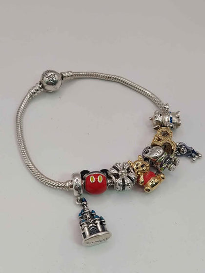 (925 ALE Hallmarked&Tested), Pandora Disney Parks Bracelet With Five Disney Charms, One Crown Charm