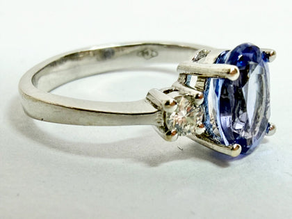 18ct white gold three stone Tanzanite and diamond ring