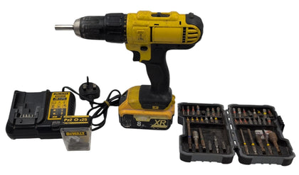 DeWalt 18 Volt Combi Drill with Screwdriver Bits and Replacement 18V 8.0Ah Battery 