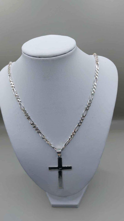 925 Sterling Silver 3-in-1 Figaro Chain Necklace W/ Cross Pendant - 24