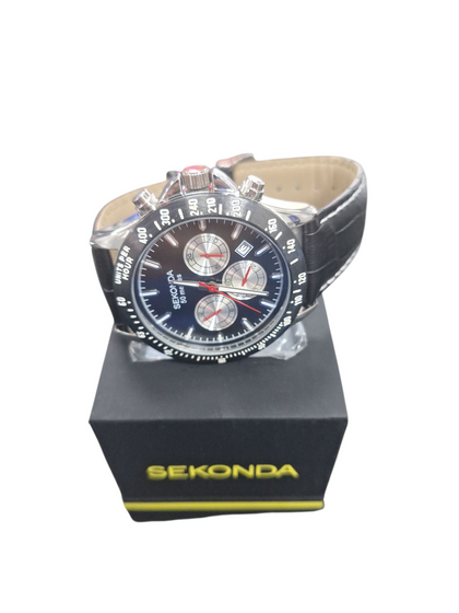 The Sekonda 1648 is agents' analogue wristwatch with a stainless steel case, black dial, and black leather strap. COMES IN ORIGINAL BOX.