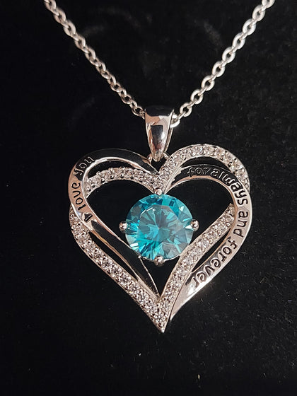 Silver Double Open Heart ' I Love You' Pendant with Blue Stone & Chain