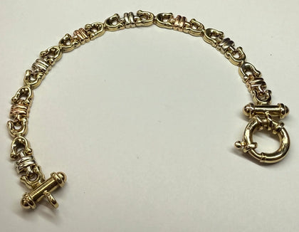 9CT GOLD YELLOW/ROSE/WHITE GOLD BRACELET 7.5