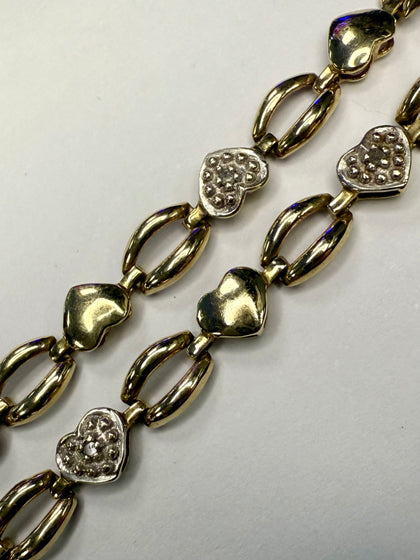 9ct Gold and Diamond Heart Bracelet 7”