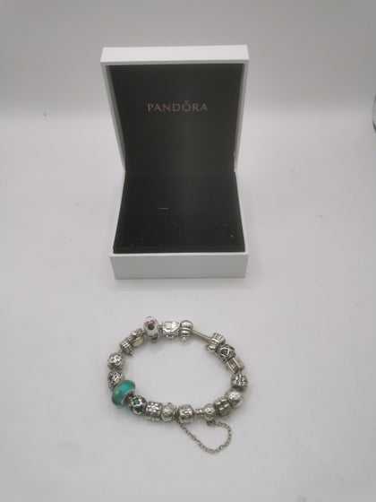 Pandora Bracelet with 16 charms And a Safety chain Hallmarked(ALE) Boxed