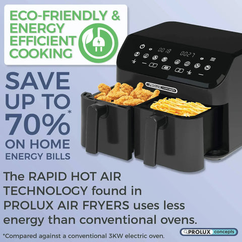 Prolux Concepts - 9L Air Fryer Family Size - Digital Display, Dual Basket, Sync Finish - Black