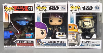 **Sale** AHSOKA - POP Star Wars N° 654 - C1-10P (Chopper) / Funko Sanine Wrem #655 / Cad Bane with TODO 360 #476