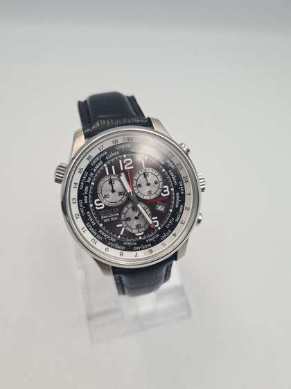 Citizen eco-drive (solar) Chronograph Men's stainless steel watch with black leather Strap BOXED