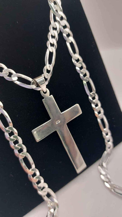 925 Sterling Silver 3In1 Figaro Chain Necklace W/ Cross Pendant - 24