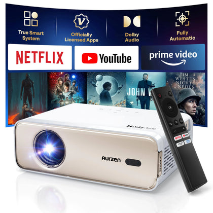 [Netfiix Officially & DoIby Audio] Aurzen Eazze D1 4K Supported Smart Projector with Auto Focus & Auto Keystone, 50% Zoom, HDR 10, 60Hz Portable
