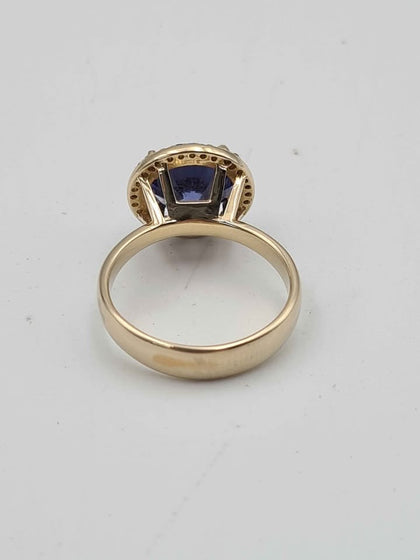 14ct Yellow Gold Cubic Zirconia Big Blue Stone Ring - Size N - 5.60 Grams