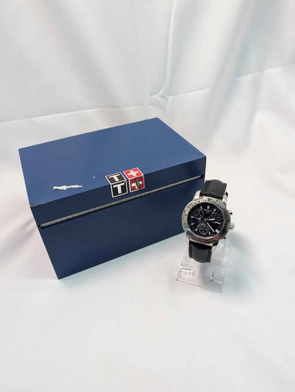 Tissot Mens Quartz Chronograph Watch With Blue Dial - With Date - With Leather Strap - Boxed