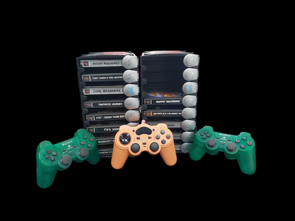 PLAYSTATION 1 BUNDLE WITH 3 CONTROLLERS AND 13 UNIQUE GAMES IN GAMES STAND SONY HOME GAMING CONSOLE ALL WIRES INCLUDED