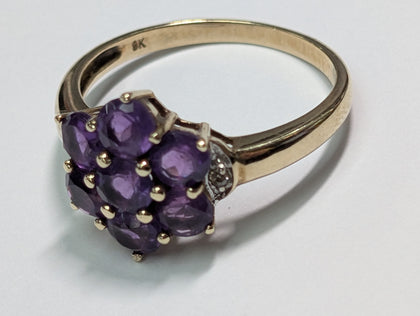 9CT GOLD PURPLE STONES RING SIZE P 1/2
