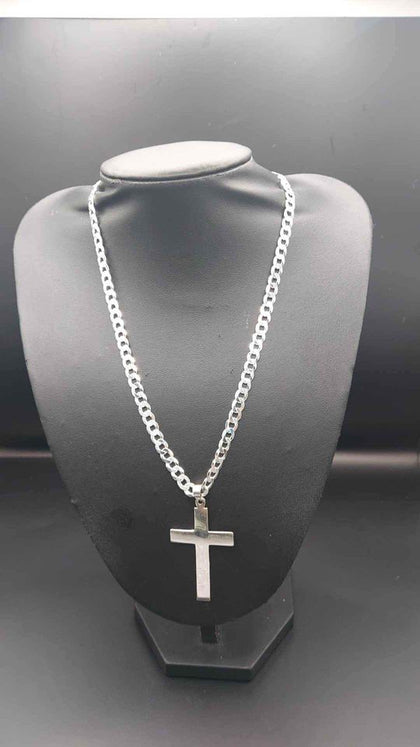 925 Sterling Silver Curb Chain Necklace Cross Pendant - 26