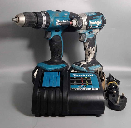Makita DHP453 Combi Drill, Impact Driver DTD154 with 2x Batteries and Charger