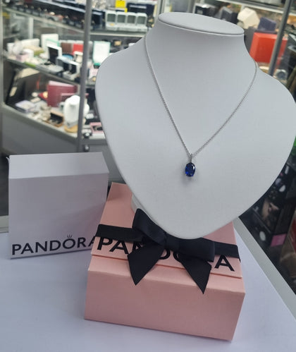 Pandora sparking halo necklace blue pendant boxed