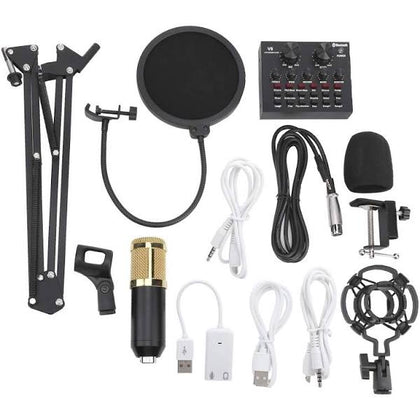 V8 Sound Card with Condenser Microphone, BM800 Condenser Microphone Studio Recording Kits Adjustable Stand for Sound Card Live Audio Mixer Portable  *