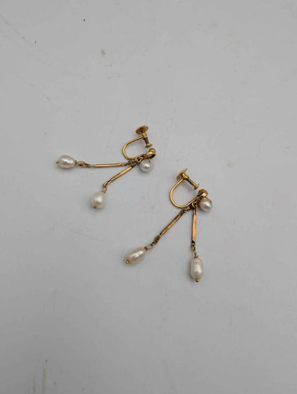 Art Deco Cultured Pearl Earrings 9ct Gold Antique Screw Back Drop Dangle Stamped