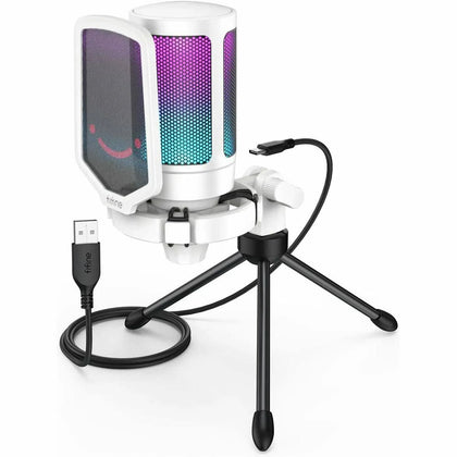 FIFINE Ampligame A6V USB Microphone with Volume Dial, Mute Button & RGB For Gaming On PC/Laptop/PS4/5, US / White / Tripod Stand (A6V)