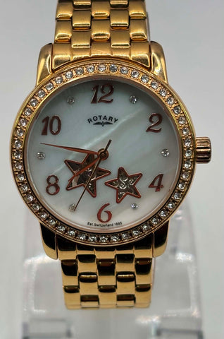 Rotary Automatic Ladies Watch Rose Gold Crystal Bezel Bracelet Star Dial boxed