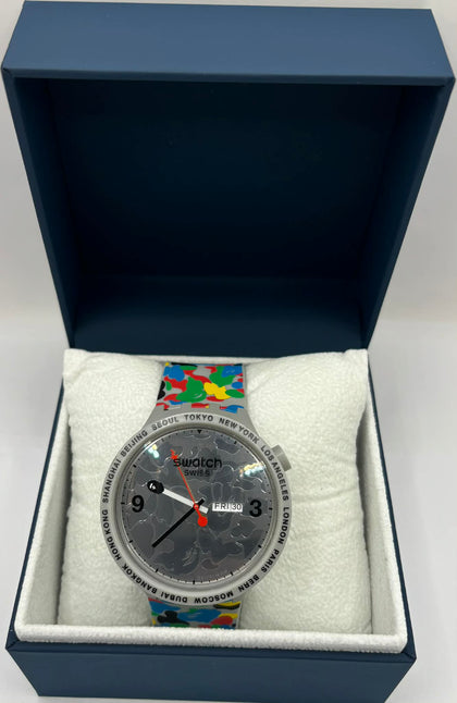 Swatch x BAPE Tokyo watch with generic boxed 47mm Big Bold celebrating the streetwear brand’s home city