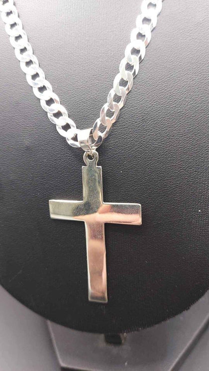 925 Sterling Silver Curb Chain Necklace Cross Pendant - 26