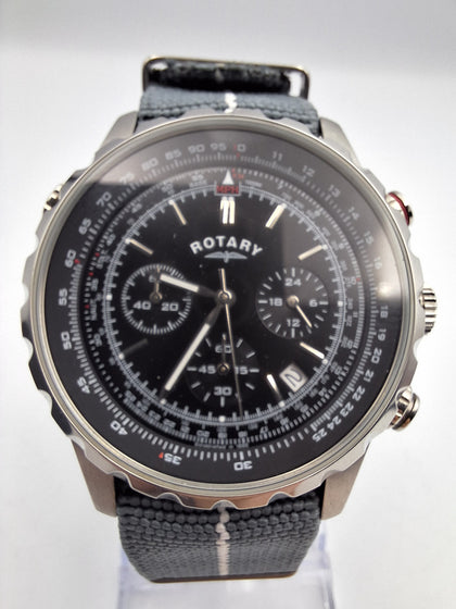 Men's Rotary Pilot Chronograph black quartz watch with 22mm grey nato strap boxed