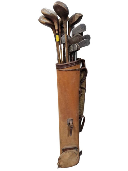 Vintage set of wooden handle gold clubs, rare selection, all clubs pictured are included, 15 + bag