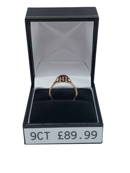 9ct 375 Yellow Gold, Fully Hallmarked Ring W/ Red Stone, 1.6G, Size:L, Boxed