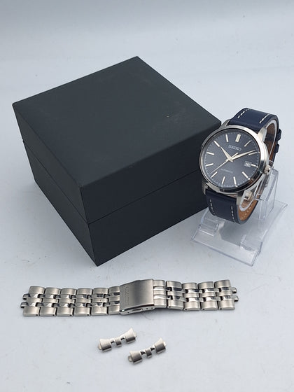 Seiko SRPH87K1 mens blue stainless steel 4R35 calibre automatic watch with leather strap, deployment clasp and original steel bracelet