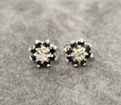 9ct White Gold Blue & Clear Stone Cluster Stud Earrings