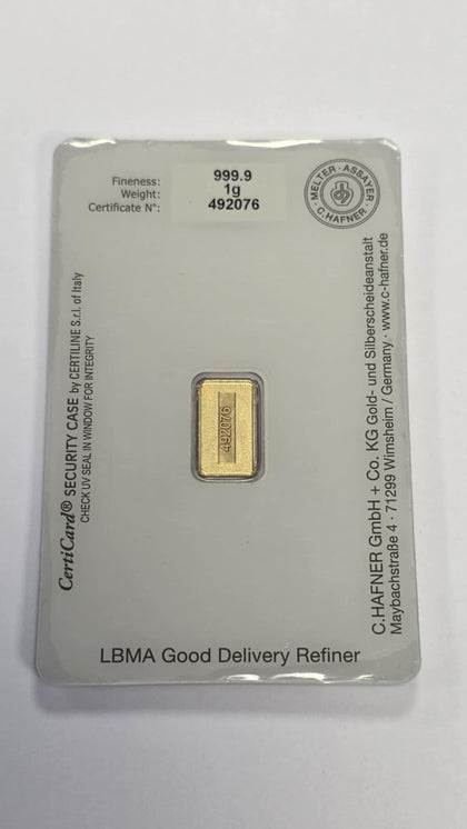 C. Hafner 1g 999.9 Fine Gold Minted Bar