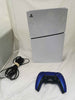 Playstation 5 Console Slim Console with Blue Dual Sense Controller sticker marks on side plates and orange stain on side