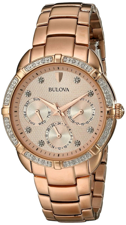 Bulova Diamond Women's Quartz Watch with Rose Dial Analogue Display and Rose Gold Ion-Plated Bracelet 98R178 ** Boxed **