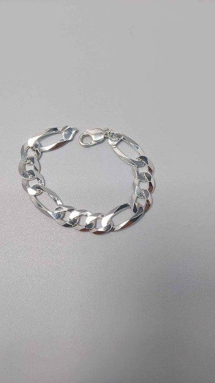 925 Sterling Silver Thick 3 In 1 Figaro Bracelet - 30.93 Grams - 8