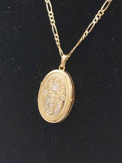 (375 Hallmarked&Tested) 9K 10.6G Gold Chain With Flower Engraved Locket, 30